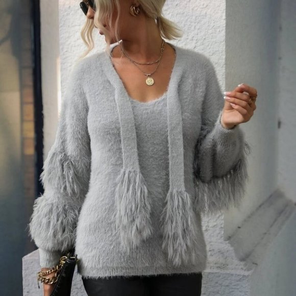 Fringe Trim soft comfy  Fuzzy Knit Sweater Top Gray - Picture 4 of 7